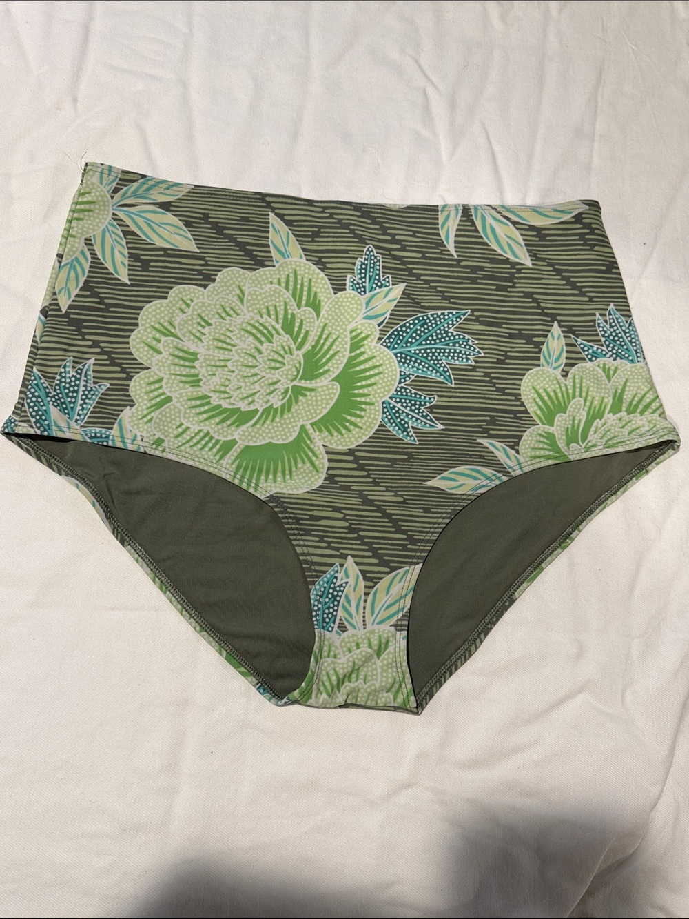 aerie High-Waist Floral Swim bottoms in Olive Green and Teal, XL